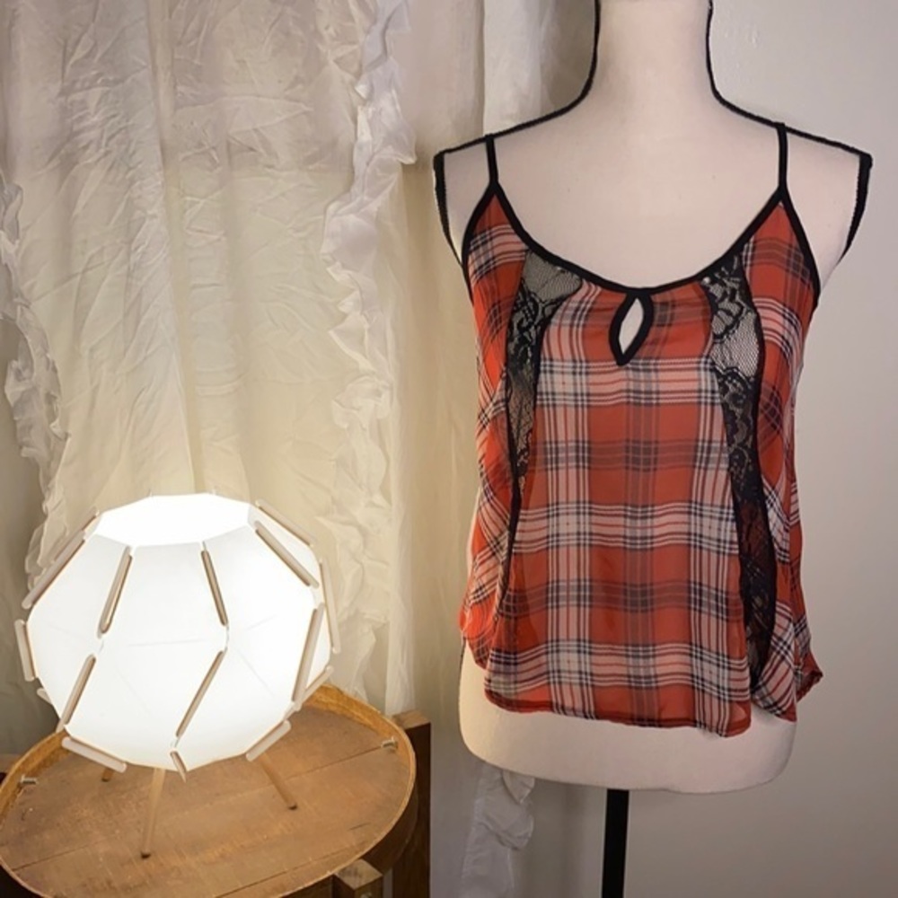 Lush Plaid High Low Sheer Strappy Tank Top Size Small‎